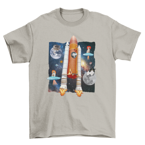 Cats in rocket space funny animal moon collage t-shirt