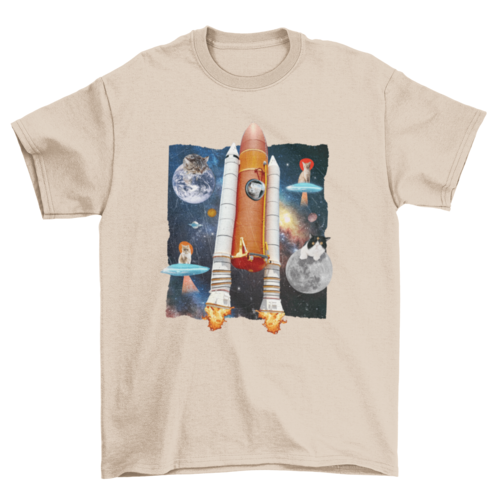 Cats in rocket space funny animal moon collage t-shirt