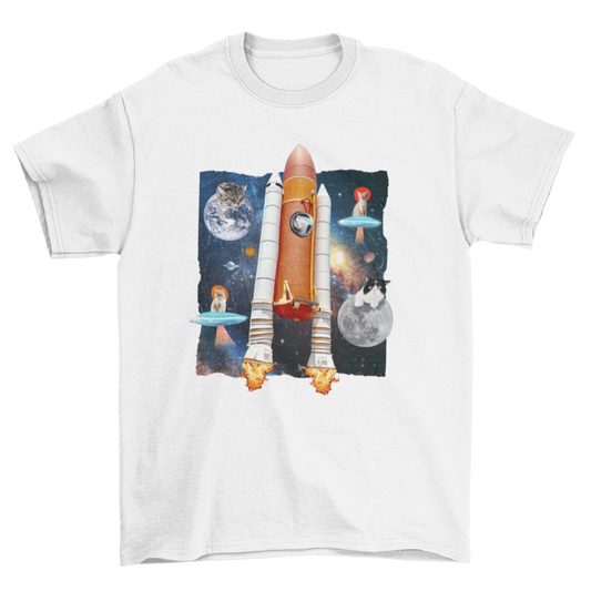 Cats in rocket space funny animal moon collage t-shirt