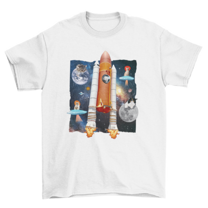Cats in rocket space funny animal moon collage t-shirt