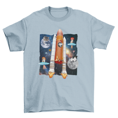 Cats in rocket space funny animal moon collage t-shirt