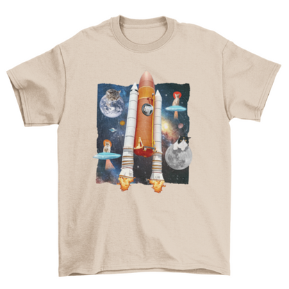 Cats in rocket space funny animal moon collage t-shirt